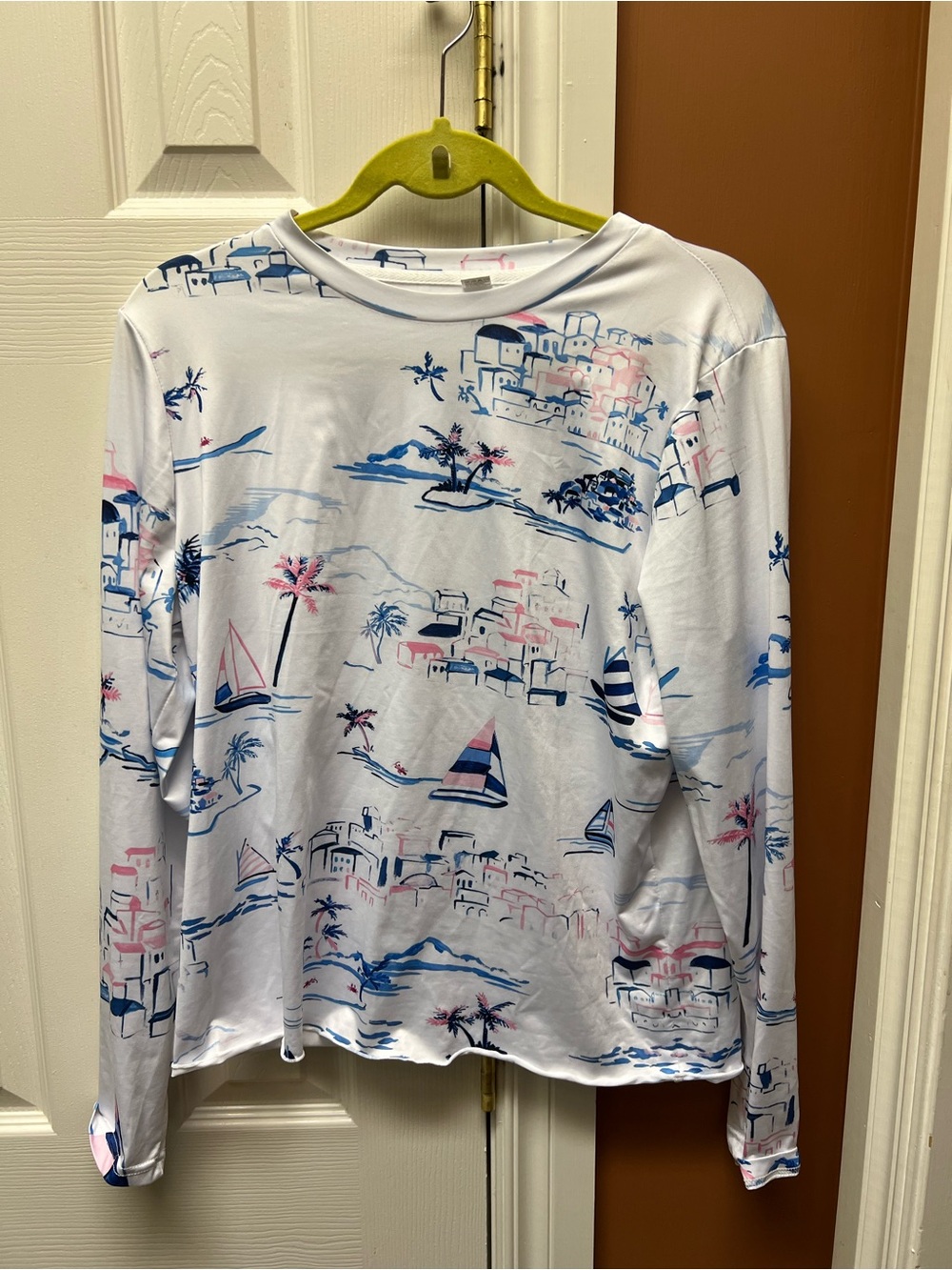 White Long Sleeve Top with Blue & Pink Coastal Print